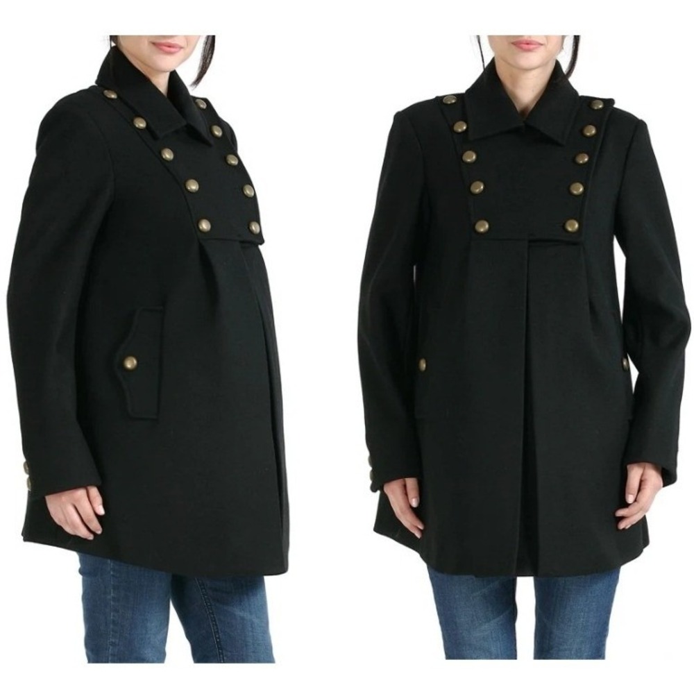 Momo Maternity Black Wool Blend Military Double‎ Breasted Coat Jacket Stella NEW